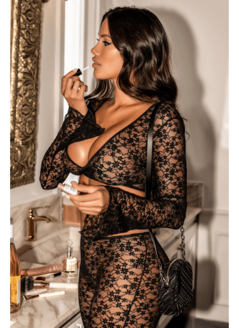 Top et pantalon en dentelle florale noire - MAL1915BLK